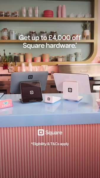 This ad for Square hardware offers up to £4,000 off. The ad features Square hardware on a counter.