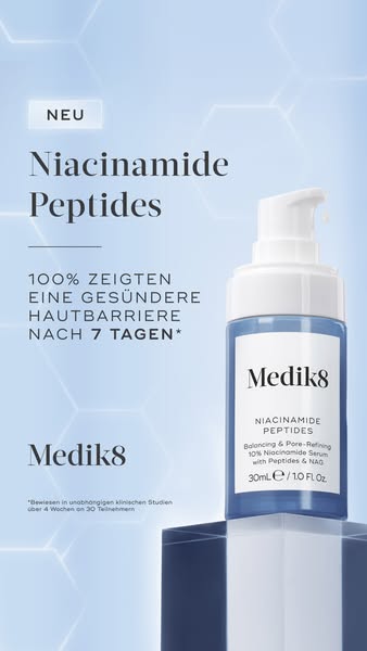 This ad promotes Medik8's Niacinamide Peptides serum, highlighting its ability to promote a healthier skin barrier i