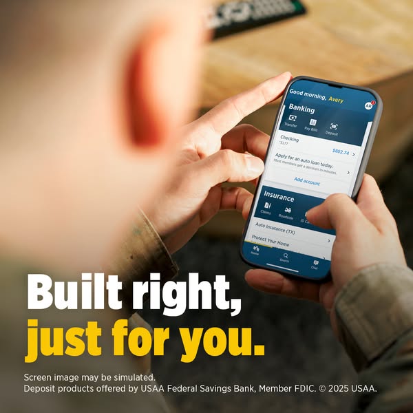 This ad for USAA highlights the convenience of their mobile banking app. The ad shows a person using the app to manage t