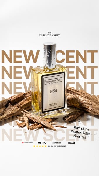 Image ad for The Essence Vault, highlighting their new scent release. The ad features a bottle of '564' fragranc