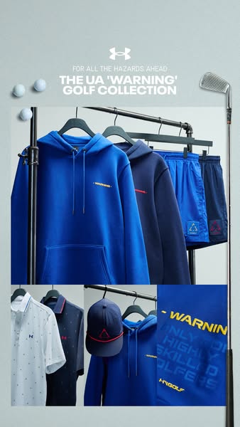 This ad showcases Under Armour's new golf collection, 'Warning', featuring apparel and accessories designed 