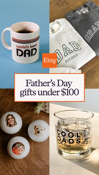 This ad promotes Father's Day gift ideas from Etsy, all priced under $100. It features a collage of four different p
