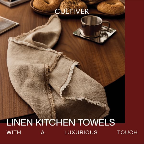 This ad showcases linen kitchen towels from Cultiver. The visual focuses on the texture of the linen and presents the pr