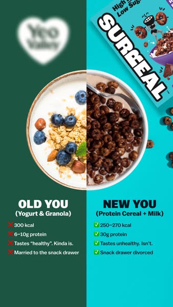 This ad compares the nutritional value and lifestyle associations of yogurt and granola versus Surreal protein cereal an