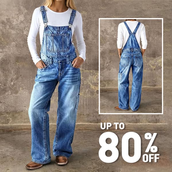 This image ad features a woman wearing denim overalls and offers up to 80% off.