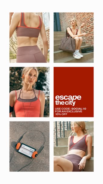 This ad promotes activewear from Escape the City. It uses a grid collage layout with images of a model in the brand'