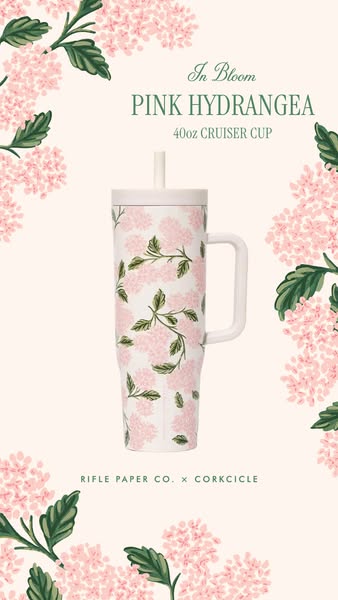 This ad promotes a 40oz travel mug with a floral design in collaboration between Rifle Paper Co. and Corkcicle.