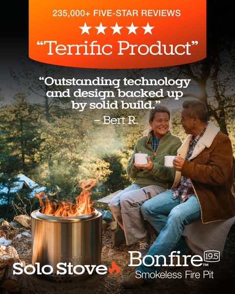 The ad features a testimonial about the Solo Stove Bonfire smokeless fire pit, highlighting its outstanding technology, 