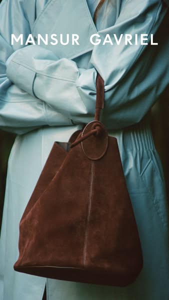 This ad showcases a Mansur Gavriel bag, highlighting its design and material. The ad features a close-up shot of the bag