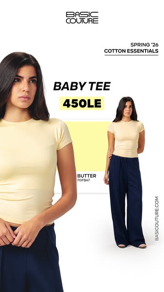 This ad promotes the 'Baby Tee' from Basic Couture's Spring '26 collection. The ad highlights the color 