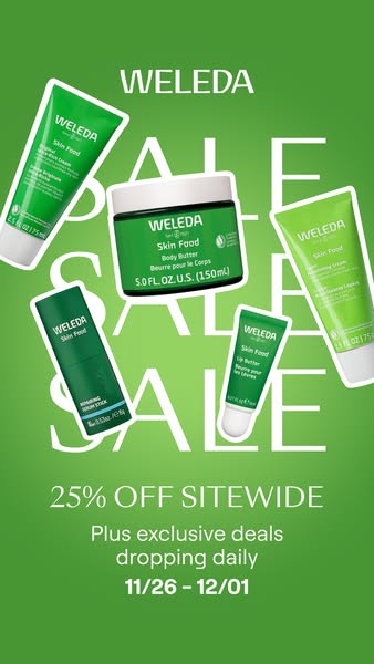 This ad for Weleda promotes a sitewide sale of 25% off, plus exclusive daily deals, from November 26th to December 1st. 