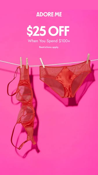 This is an image ad for Adore Me promoting an offer of $25 off a purchase of $100 or more. The ad features a bra and und