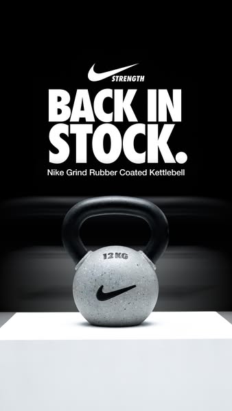 This ad showcases the Nike Grind Rubber Coated Kettlebell, emphasizing its return to stock. The visual elements and mess
