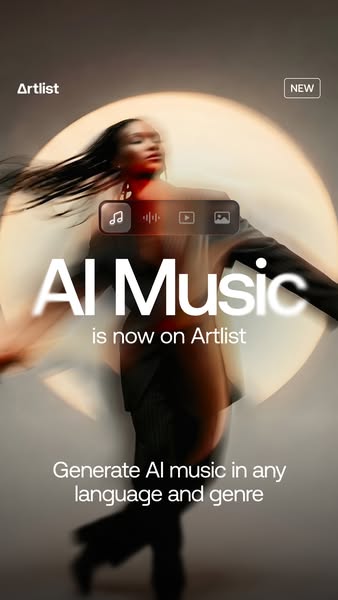 This image ad for Artlist promotes its new AI music generation feature. The ad uses simple text and a blurred image of a