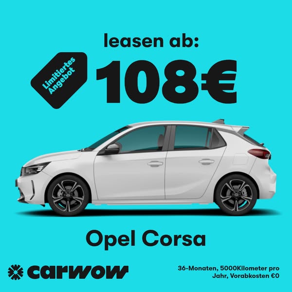This image ad promotes an Opel Corsa lease from Carwow for 108€ per month. The ad features an image of the car against a