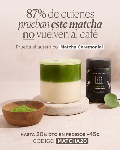 This ad for Matcha & Co promotes their matcha products as a coffee alternative, highlighting a discount.