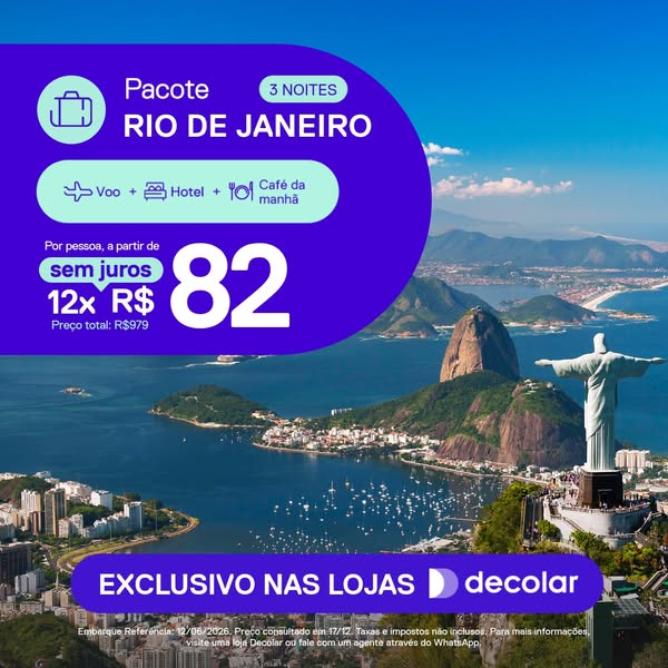 This image ad is for Decolar, advertising a package for Rio de Janeiro that includes flights, a hotel, and breakfast for