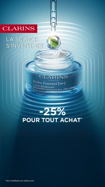 This image ad promotes Clarins Hydra-Essentiel [HA²] cream, highlighting its moisturizing properties and offering a 25% 