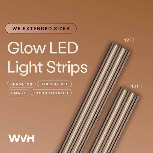 This ad showcases the Glow LED Light Strips, highlighting their extended size options and seamless, stress-free, smart, 