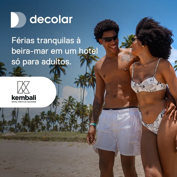 This image ad for Decolar promotes tranquil beachside vacations at an adults-only hotel. It features a couple on a beach