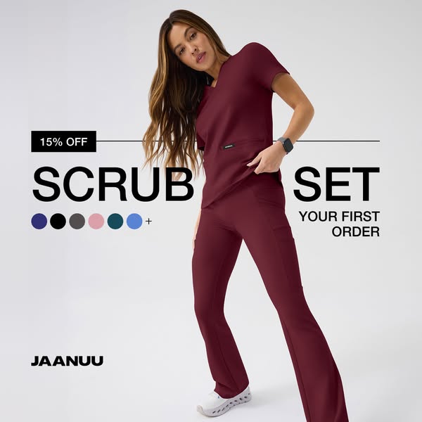 An image ad for Jaanuu scrub sets shows a woman wearing a burgundy set and advertises 15% off for first-time customers. 