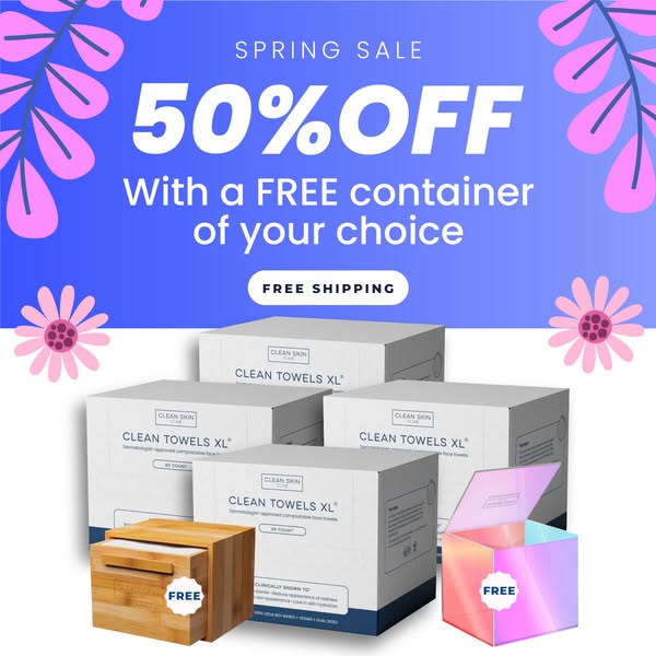 This ad is for Clean Skin Club Clean Towels XL. The ad showcases a Spring Sale offer of 50% off with a free container of