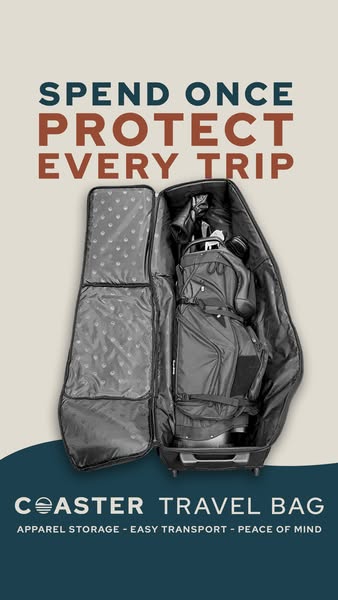This ad showcases the Coaster Travel Bag, emphasizing its protective qualities and ease of transport for golf equipment 