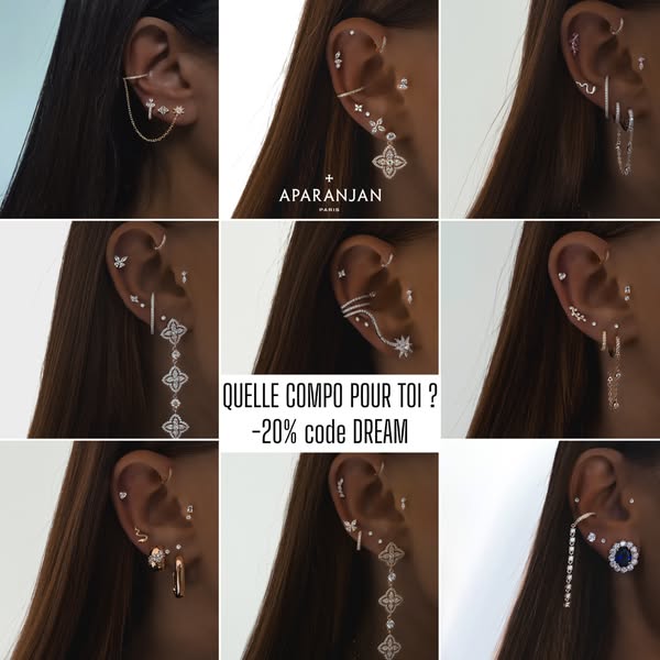 This ad is a grid display of nine images of peoples' ears wearing various assortments of APARANJAN jewelry. In the c