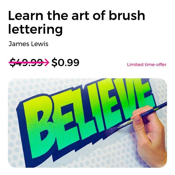 This image ad promotes a brush lettering course by James Lewis, offered at a discounted price for a limited time. The ad