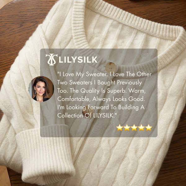 This ad features a testimonial from a customer who loves the LILYSILK sweater. The ad highlights the quality, comfort, a