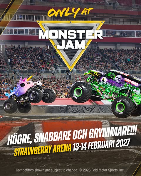 This image ad promotes Monster Jam events at the Strawberry Arena, specifically on February 13-14, 2027. It features an 