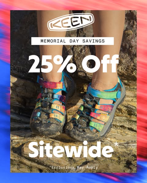 This image ad for KEEN promotes a 25% off sitewide sale for Memorial Day. The ad features a pair of KEEN sandals on a ro