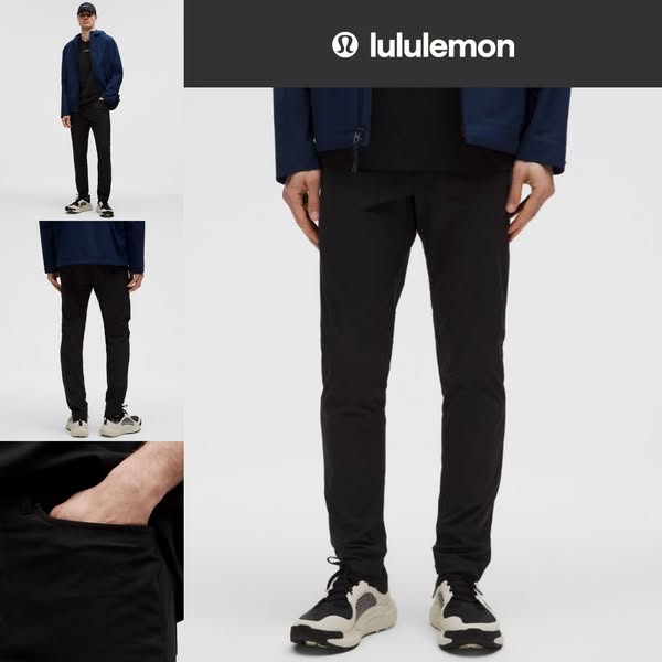 This ad showcases Lululemon pants. It displays a man wearing the pants in a casual setting and a close up shot of his ha