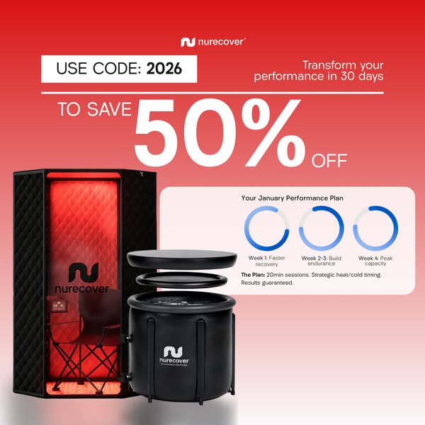 This ad showcases the NURECOVER sauna and ice bath, promoting their ability to transform performance in 30 days. It enti