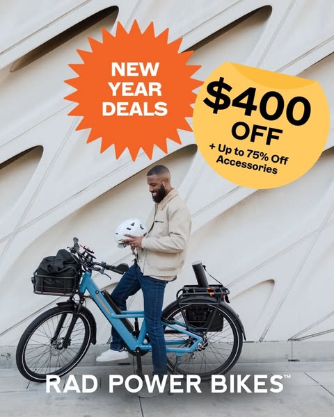 This image ad promotes Rad Power Bikes with a New Year deal, offering $400 off plus up to 75% off accessories. The ad fe