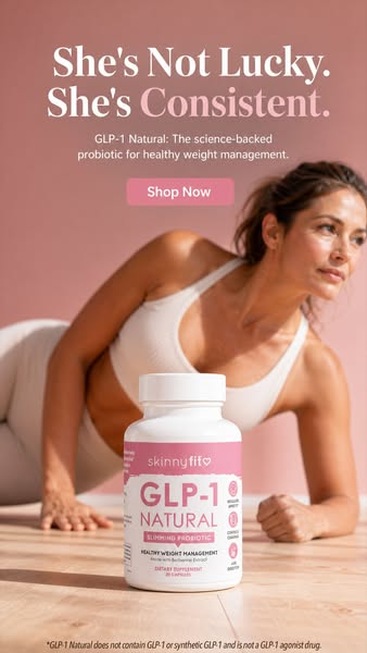 This image ad for Skinny Fit positions their GLP-1 Natural slimming probiotic as a science-backed solution for healthy w