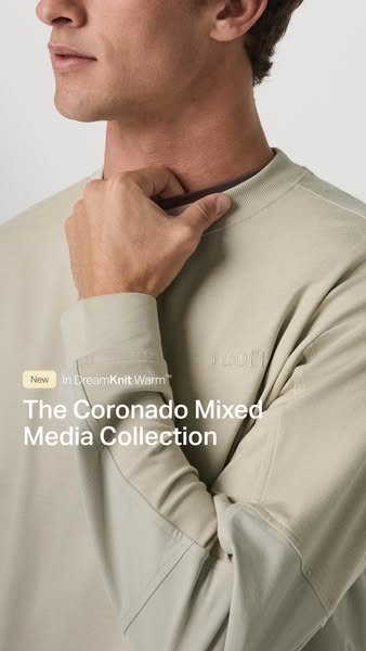 This ad showcases the Coronado Mixed Media Collection, highlighting its new DreamKnit Warm™ fabric. The visual focuses o