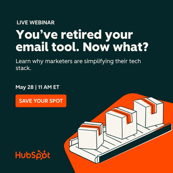 This image ad from HubSpot promotes a live webinar about simplifying marketing tech stacks after retiring an email tool.
