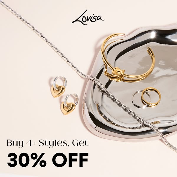 The ad showcases a selection of Lovisa jewelry, including a chain necklace, heart-shaped earrings, a knotted cuff bracel