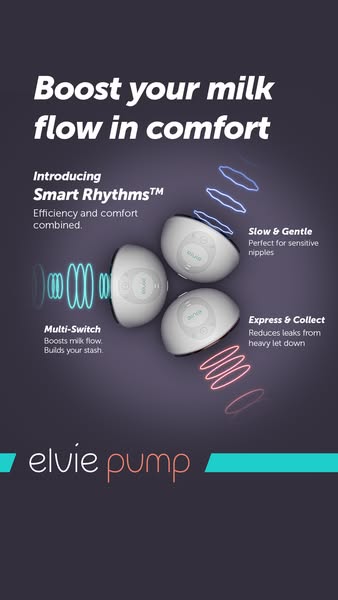 This ad showcases the Elvie breast pump and its Smart Rhythms technology, highlighting its efficiency and comfort. It em