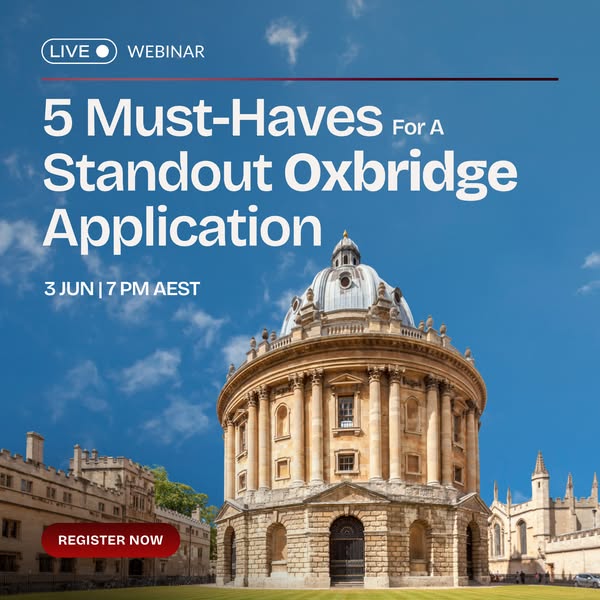 This image ad promotes a live webinar that will provide 5 must-haves for a standout Oxbridge application.