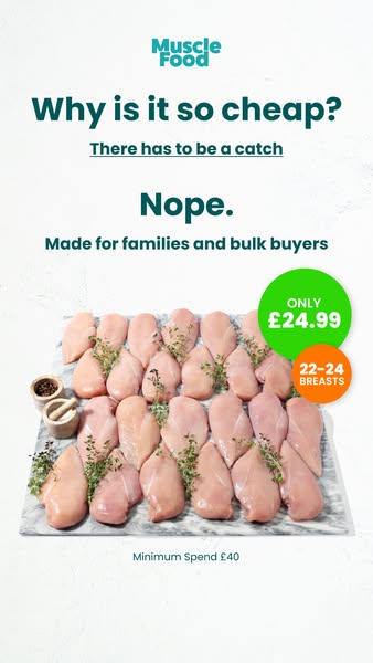 The ad shows a large quantity of Muscle Food chicken breasts displayed on a marble surface with a mortar and pestle. It 