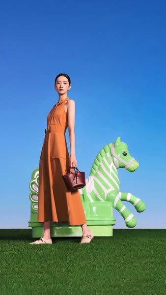 This ad features a woman in a dress holding a small handbag, standing next to a toy horse. The ad is likely targeting wo