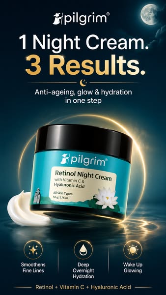 This ad highlights the Pilgrim Retinol Night Cream, promising three key results—anti-aging, glow, and hydration—in one s
