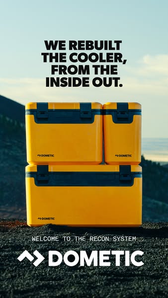 This ad showcases Dometic's Recon cooler system, emphasizing its innovative design and robust construction for outdo