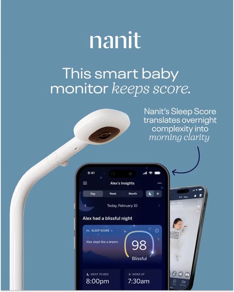 This ad for the Nanit baby monitor features a central product shot with two phones that show the Nanit app, where you ca