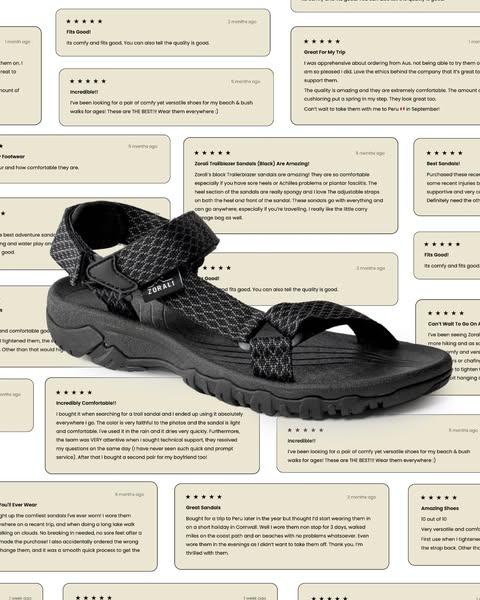 This ad showcases the Zorali Trailblazer Sandals and uses customer reviews to highlight the comfort and versatility of t