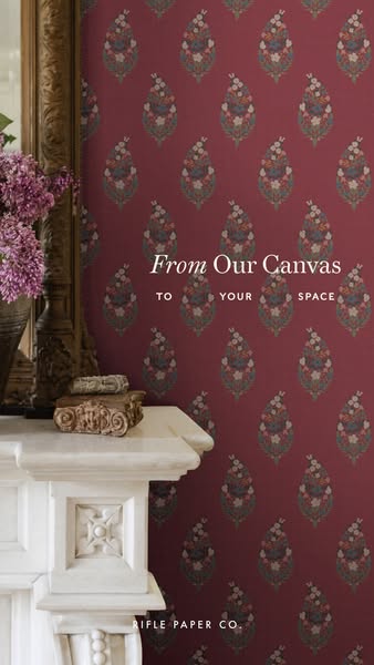 This ad showcases Rifle Paper Co. wallpaper in a room setting, emphasizing the brand's artistic origins and ability 