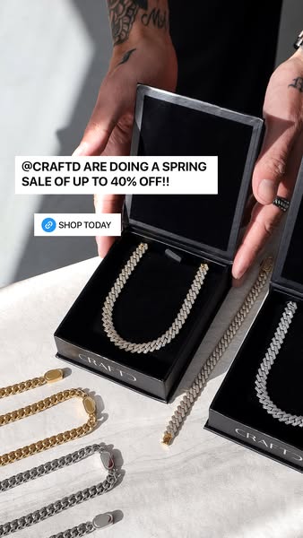 This image ad by CRAFTD promotes a spring sale with up to 40% off, featuring their jewelry products displayed in branded