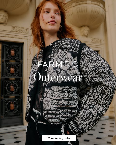 This ad features a woman wearing a black and white floral print jacket from FARM Rio. The ad promotes FARM Rio outerwear